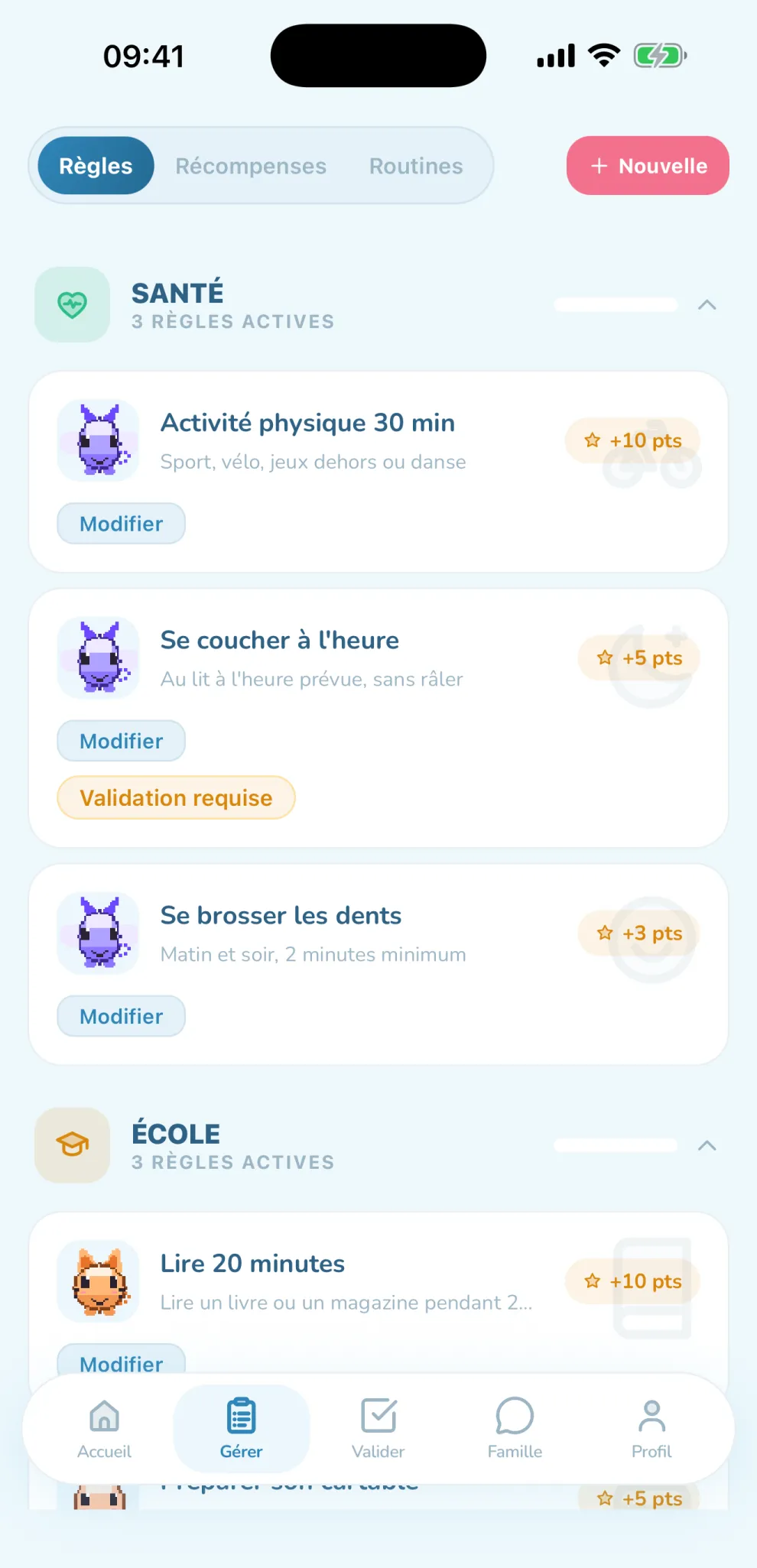 App parent : missions classées par catégorie, avec leurs points