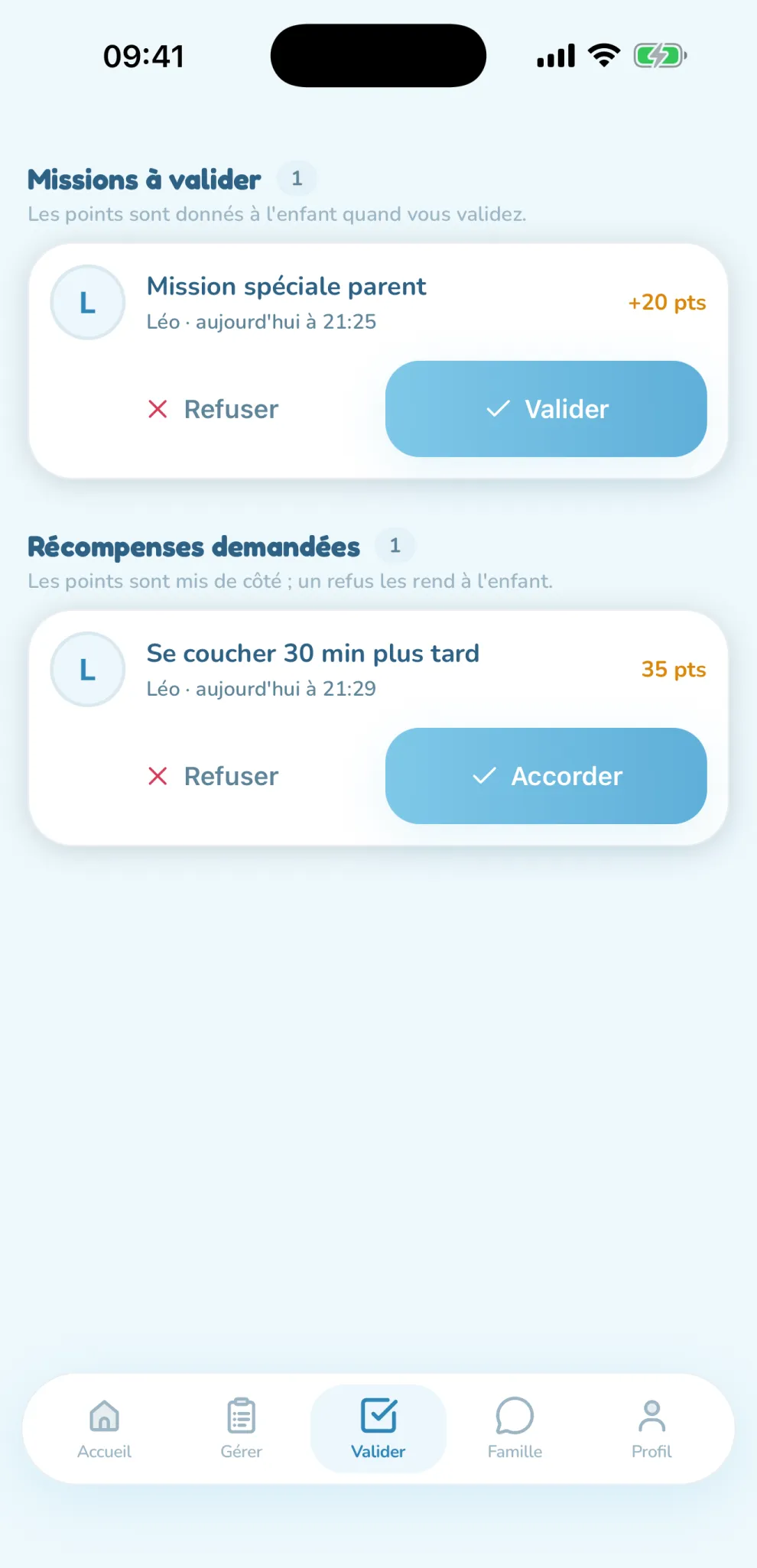 App parent : une mission à valider et une récompense demandée