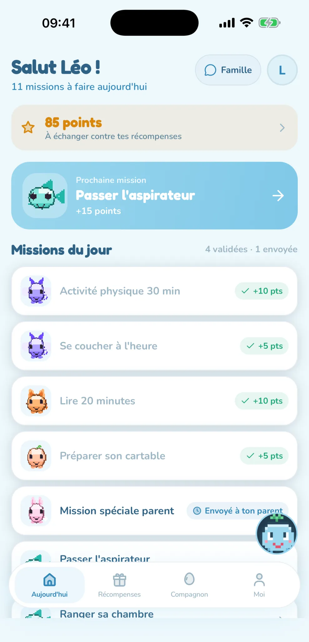 App enfant : missions du jour, validées ou envoyées au parent