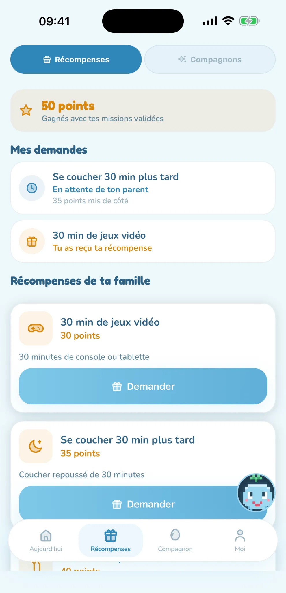 App enfant : récompenses de la famille et demande en attente du parent