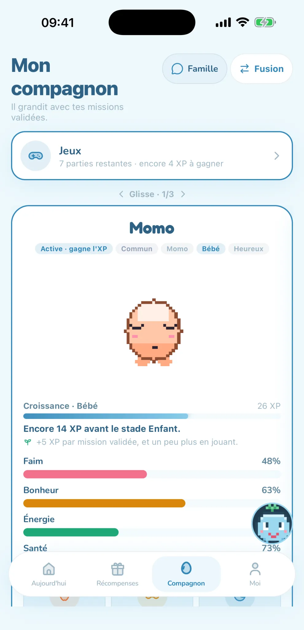 App enfant : le compagnon, sa croissance en XP et l'accès aux jeux